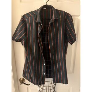 Army Green & Orange Striped Womens Short Sleeve Button Down Shirt Sz Small EUC